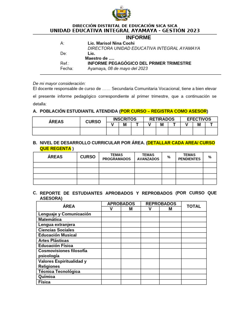 Formato Informe 1er Trimestre | PDF | Maestros | Aprendizaje