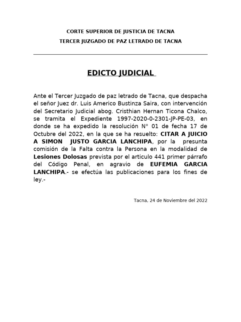 Edicto Judicial del Tercer Juzgado de Paz | PDF