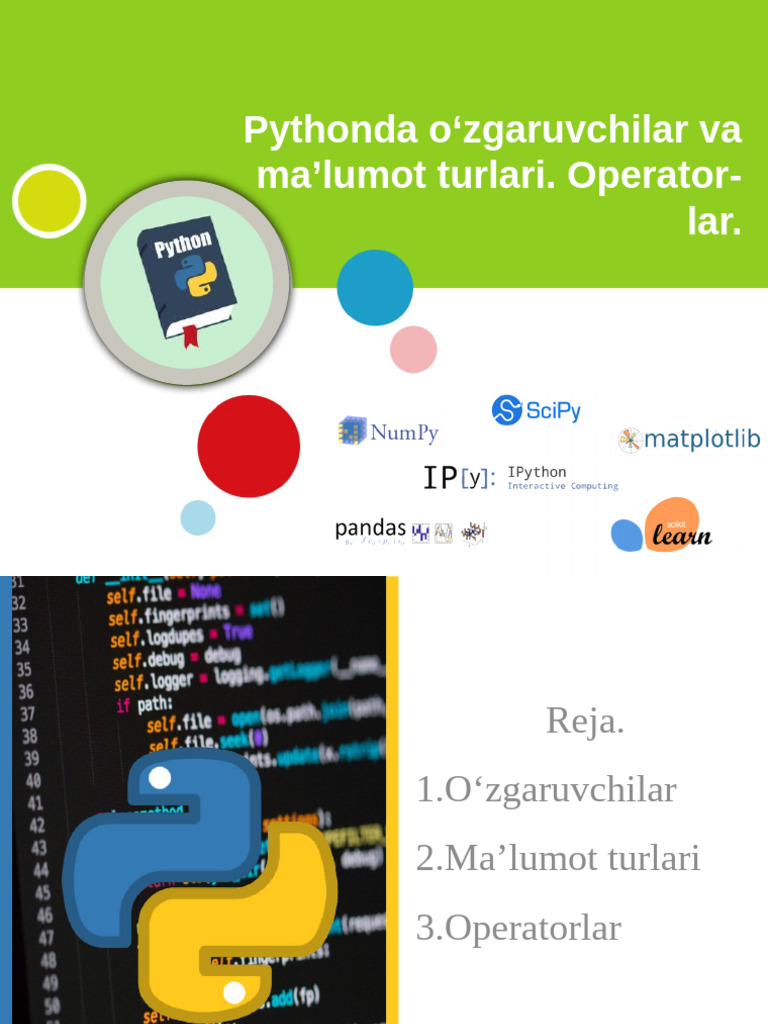 1-Pythonda Ozgaruvchilar Va Malumot Turlari. Operatorlar. | PDF