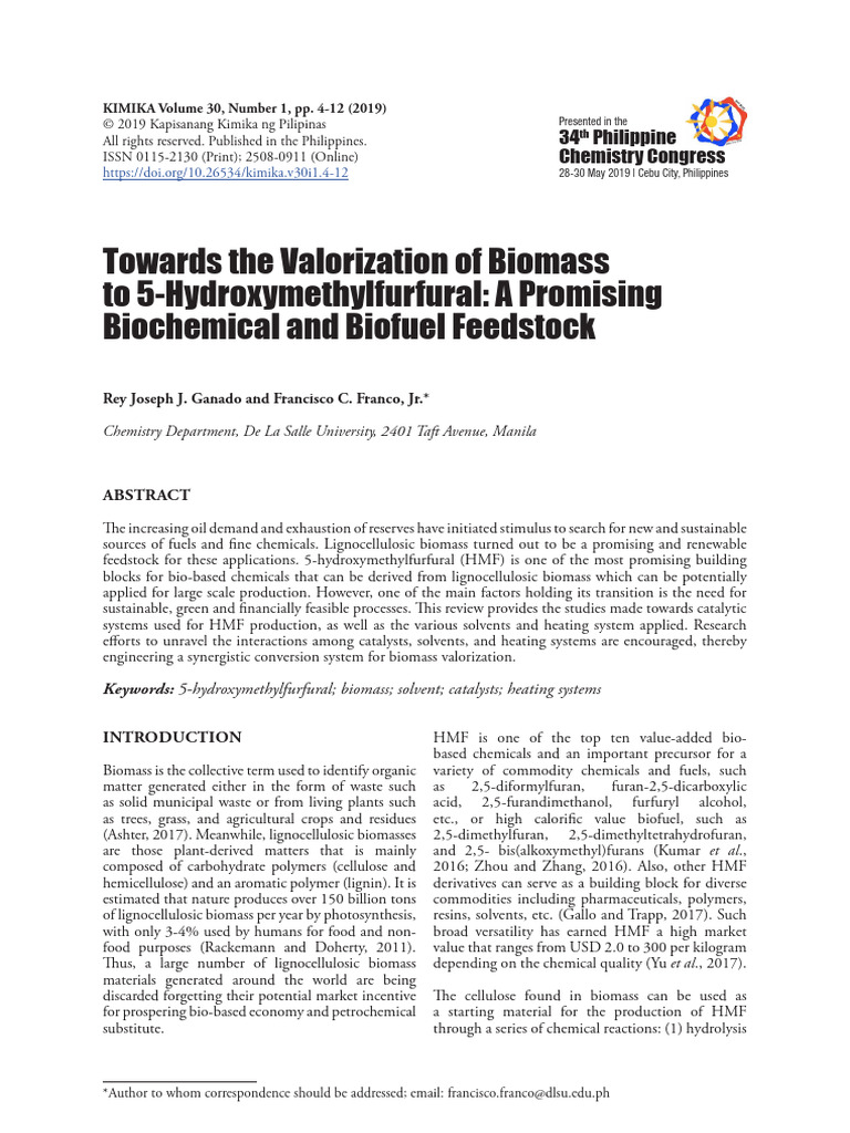 Towards The Valorization of Biomass To 5 | PDF | Chemistry | Renewable ...