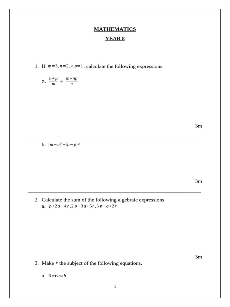 Year 8 Mathematics Practice Questions | PDF