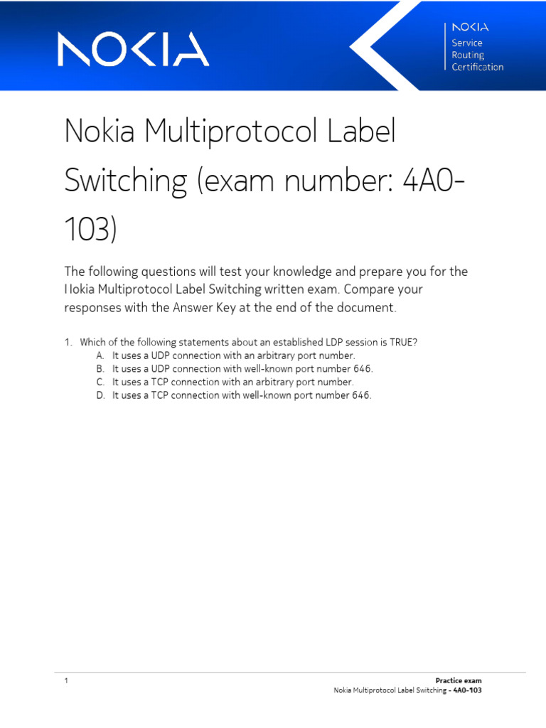 4A0-103 Nokia MPLS Practice Exam | PDF | Networking | Multiprotocol ...