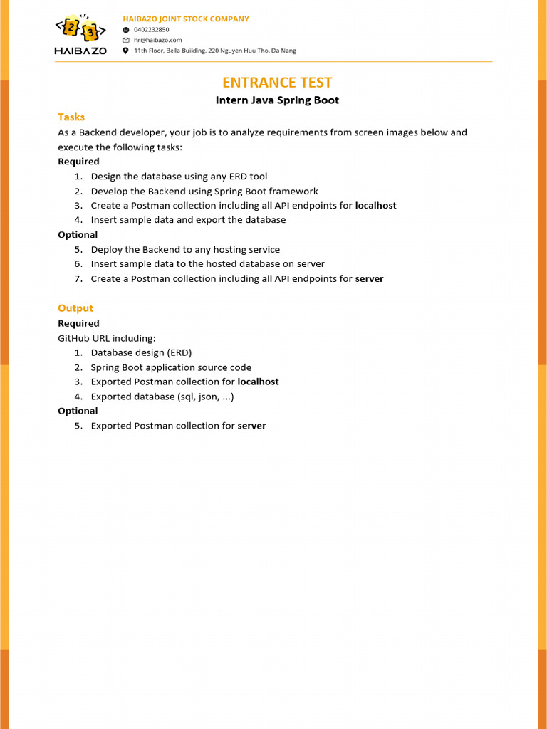 HAIBAZO EntranceTest SpringBoot Intern | PDF