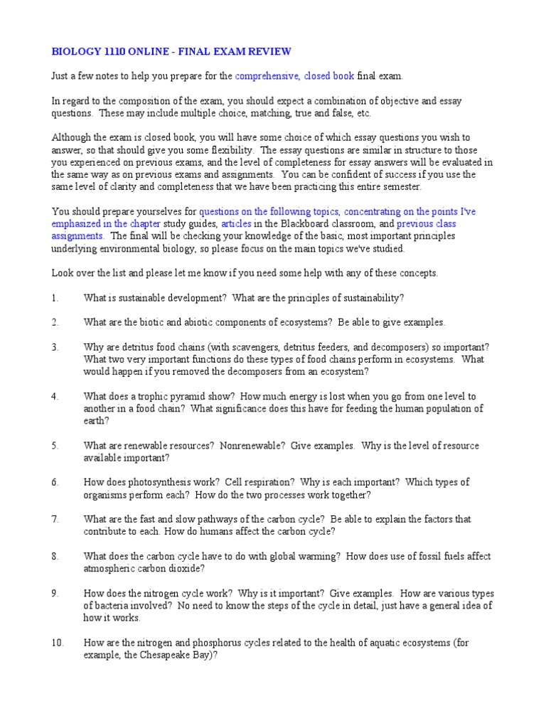 Biology 1110 Final Exam Review Guide | PDF | Ecosystem | Carbon Cycle