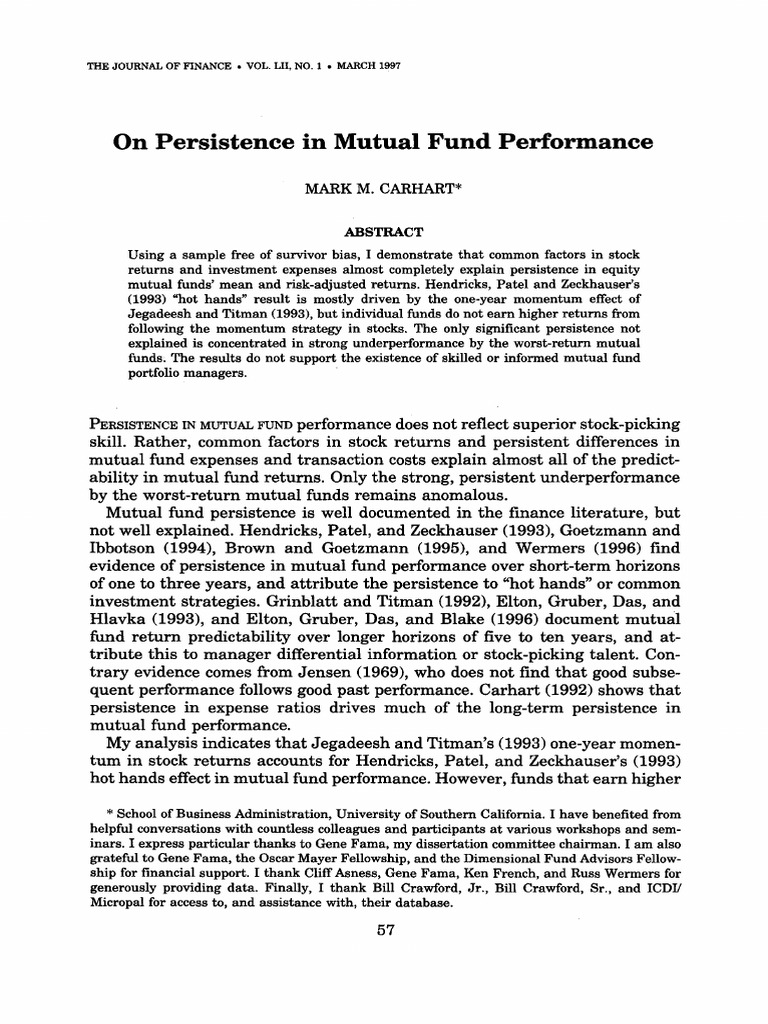 On Persistence in Mutual Fund Performance | PDF | Capital Asset Pricing ...