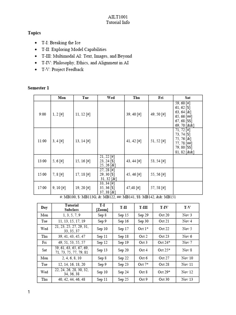 AILT1001 Tutorial Schedule Overview | PDF