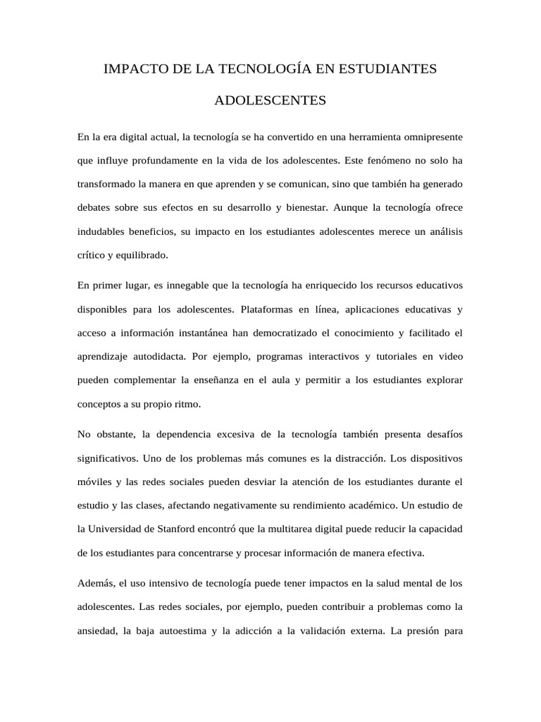 Impacto de La Tecnología en Estudiantes Adolescentes (Piero) | PDF ...