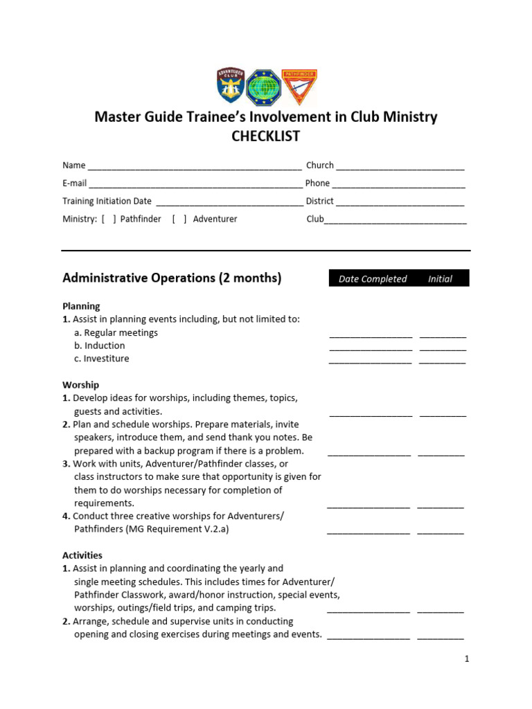 Club Ministry Trainee Checklist | PDF