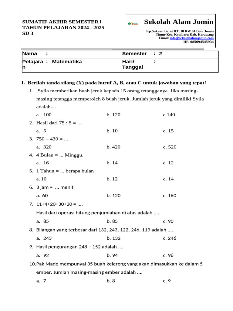 Soal Matematika SD Kelas 3 Semester 2 | PDF