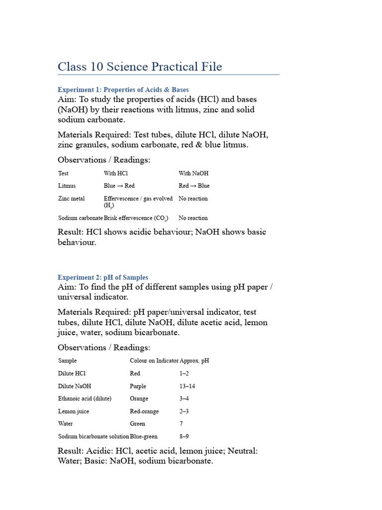 Class 10 Science Practical Experiments | PDF | Acid | Sodium Hydroxide