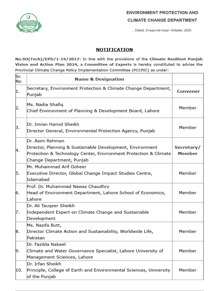 Notification of Experts Committee Climate Resilient Punjabvision and ...