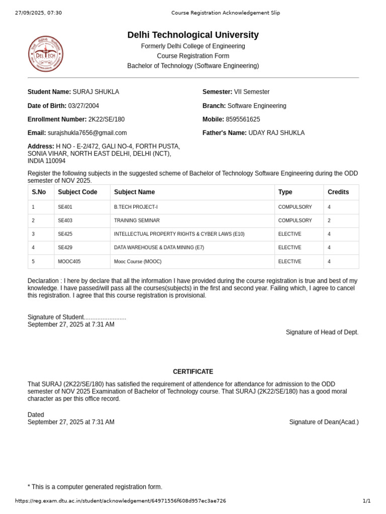 Course Registration Acknowledgement | PDF | Information Technology ...