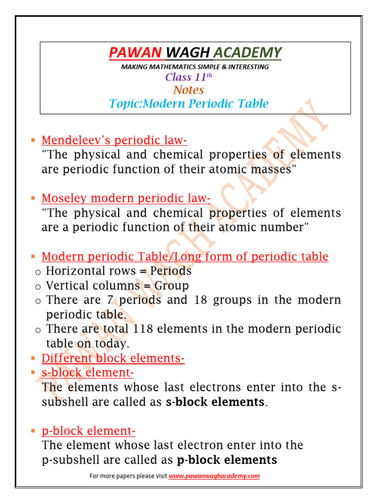Class 11 Chemistry: Modern Periodic Table | PDF | Ion | Periodic Table
