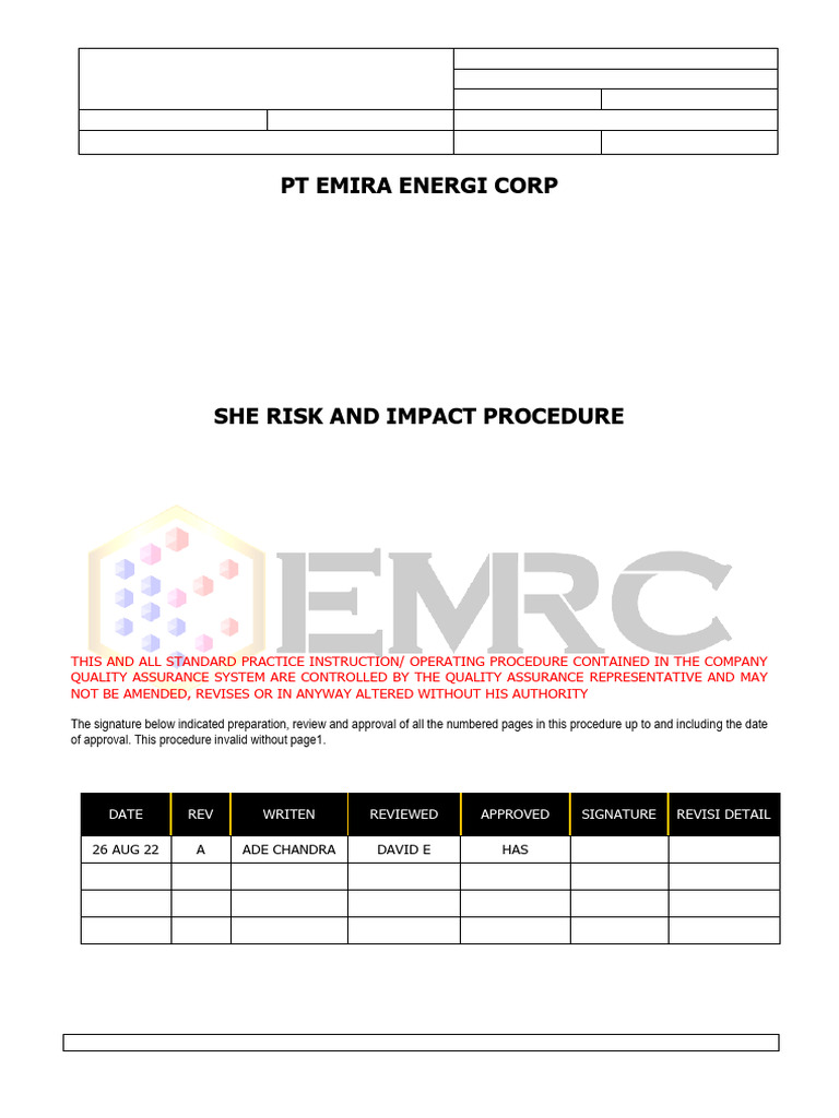 SHE Risk and Impact Procedure Guide | PDF | Risk | Occupational Safety ...