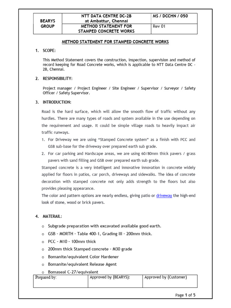 Stamped Concrete Method Statement for NTT Data Centre | PDF | Concrete ...