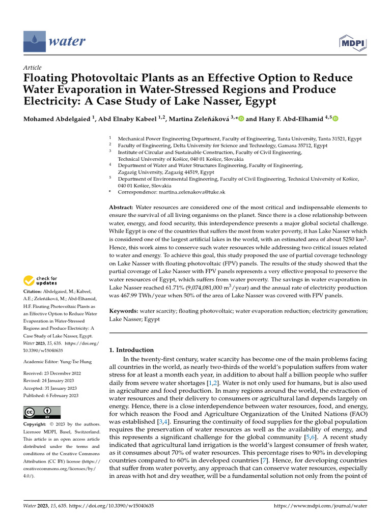 Floating PV Plants Reduce Evaporation in Egypt | PDF | Water Scarcity ...