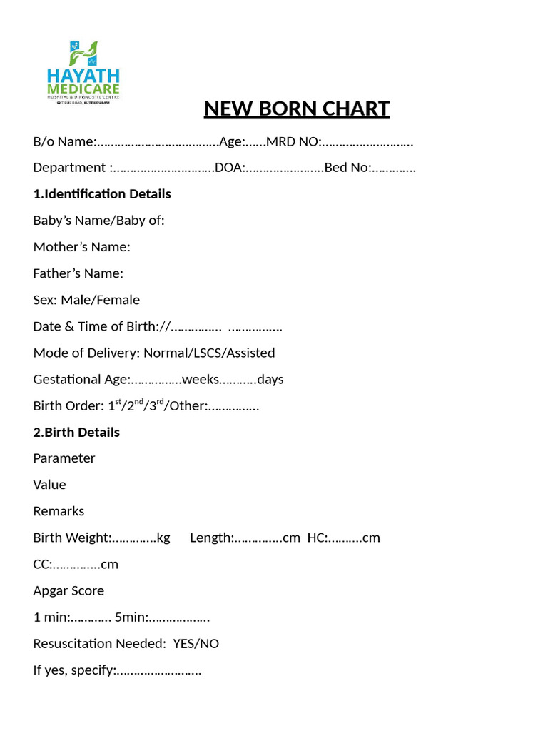 Newborn Chart and Initial Assessment | PDF