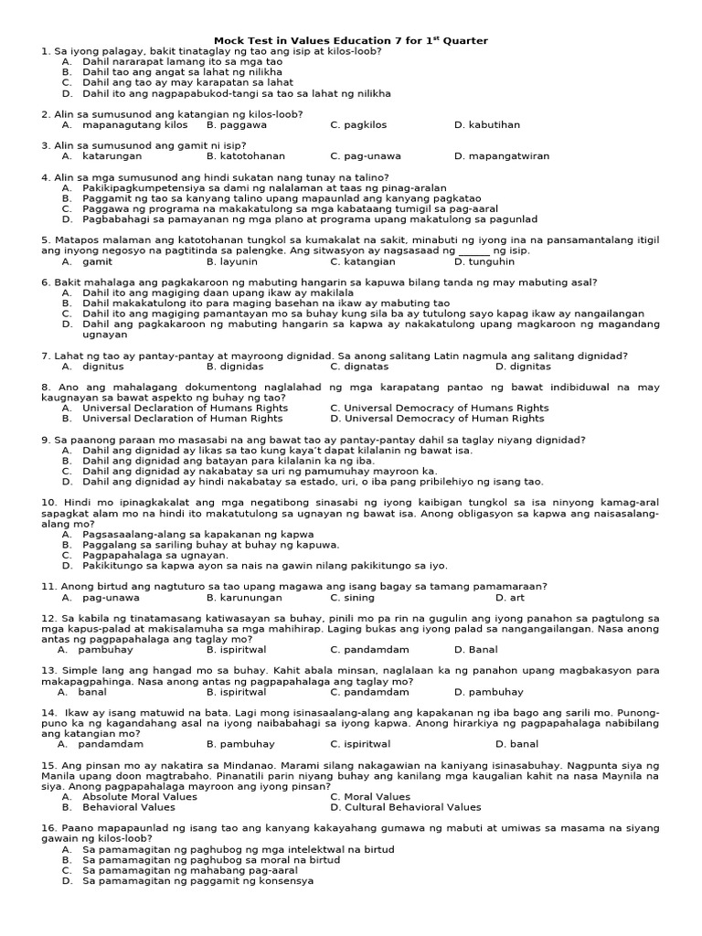Mock Test 1st Quarter | PDF