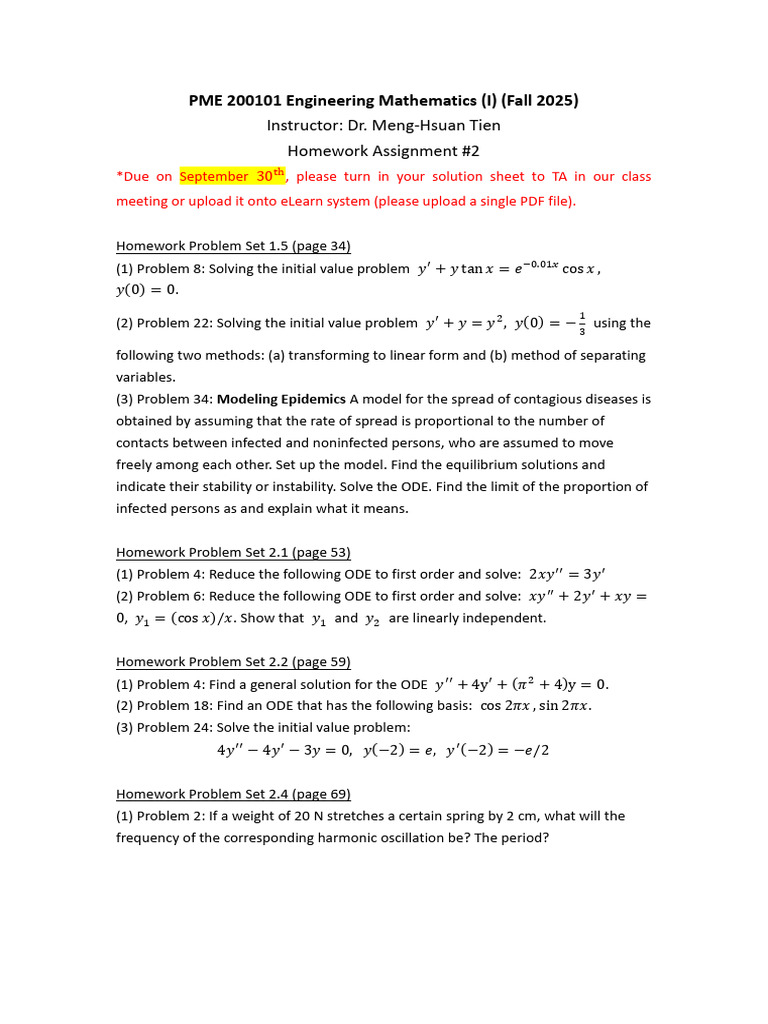Engineering Math I Homework Assignments | PDF