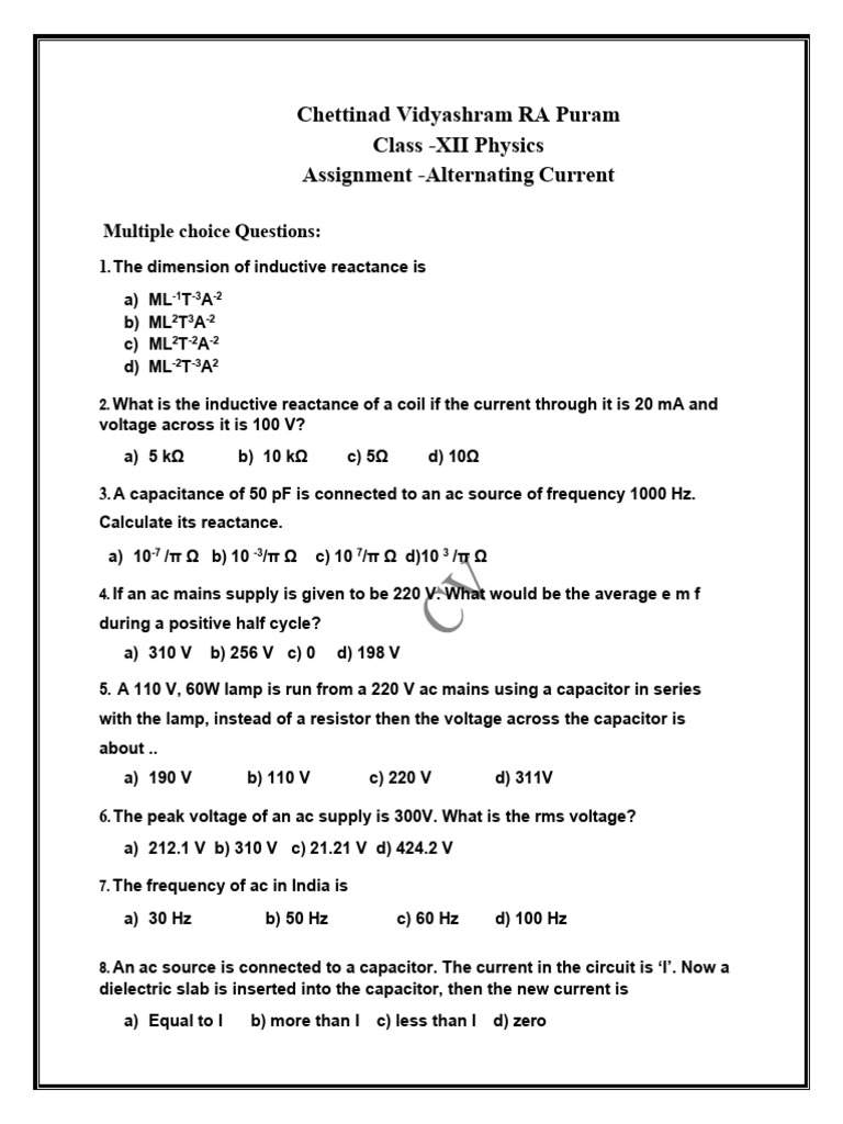 Class XII Physics AC Assignment | PDF | Inductor | Transformer