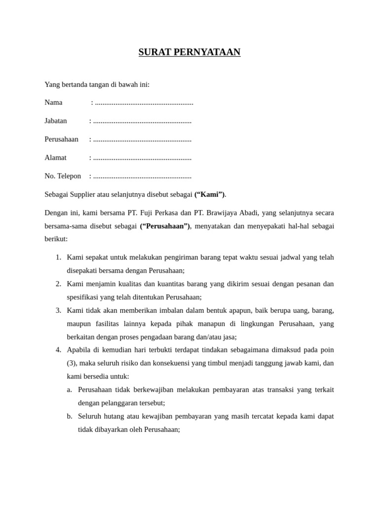 Draft Surat Pernyataan Suplier - Pt. Fuji Perkasa | PDF