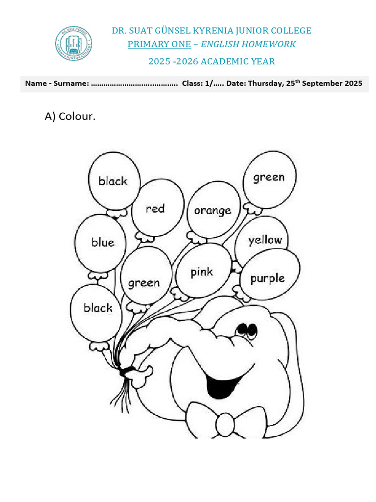 Primary One English Homework: Colouring Activity | PDF