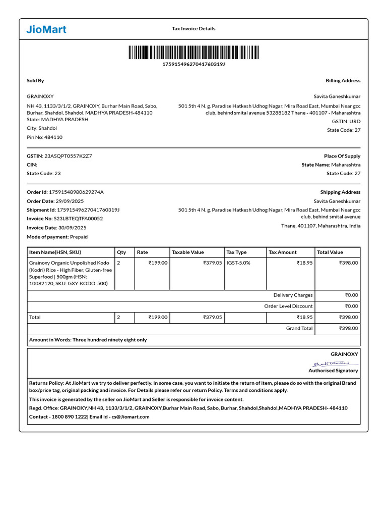 Grainoxy Organic Kodo Rice Invoice | PDF | Taxes | Payments