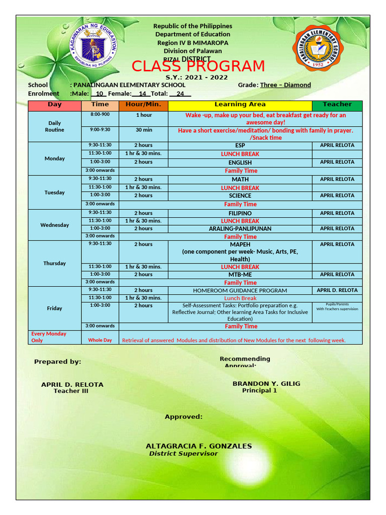 April Class Program, Weekly Home Learning PLan & Teacher's Program 2020 ...