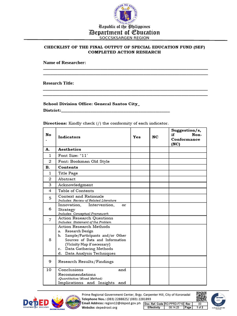 SEFF Final Checklist Template | PDF | Data | Scientific Method