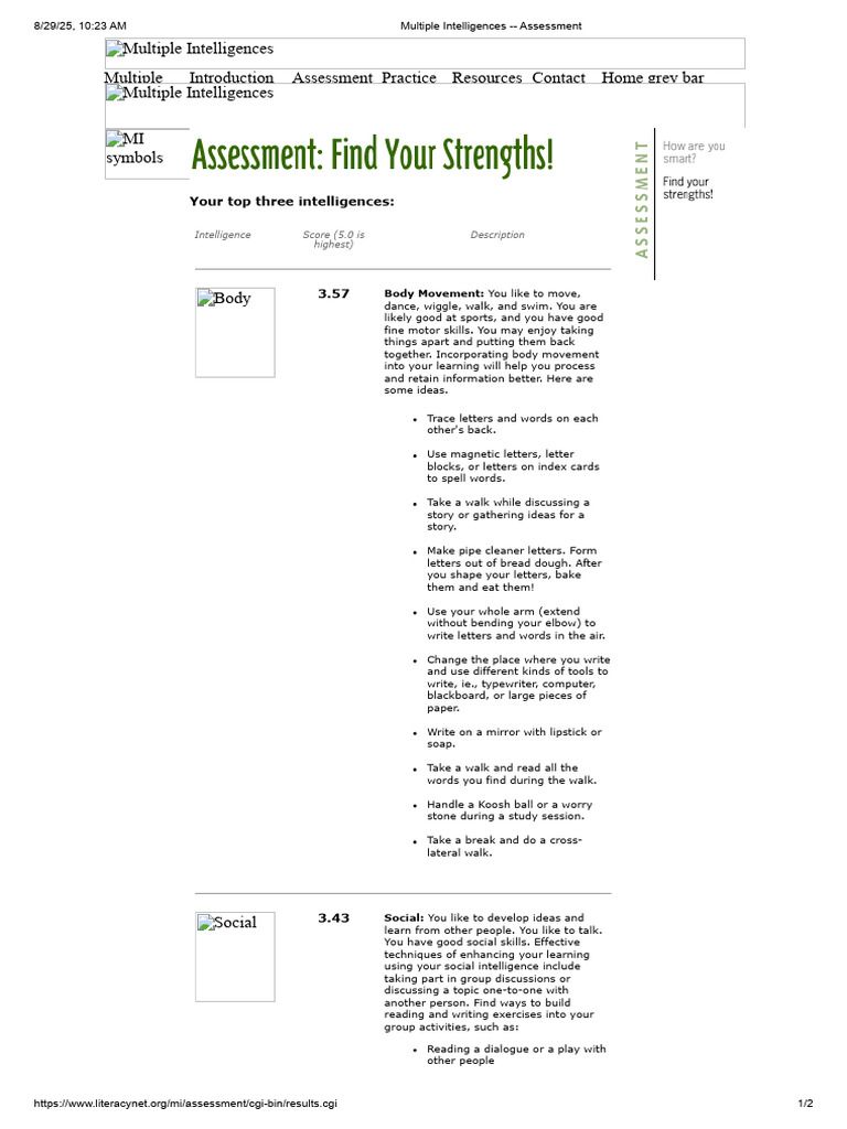 Multiple Intelligences Assessment Pdf Learning Cognition