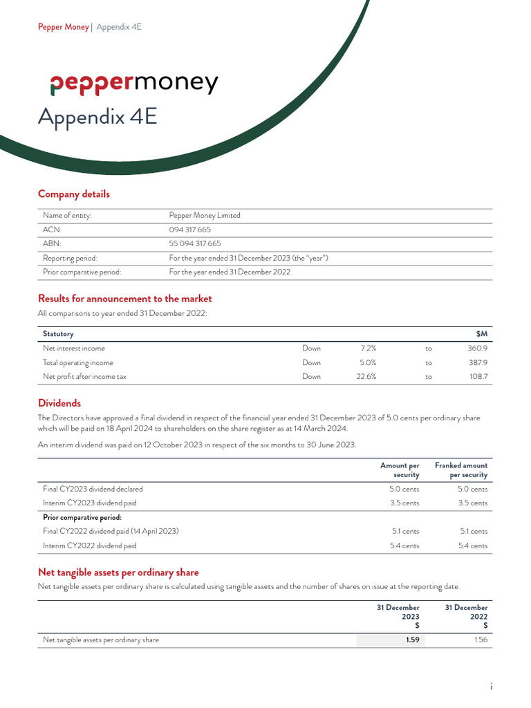 Pepper Money 2023 Financial Results Summary | PDF | Dividend ...