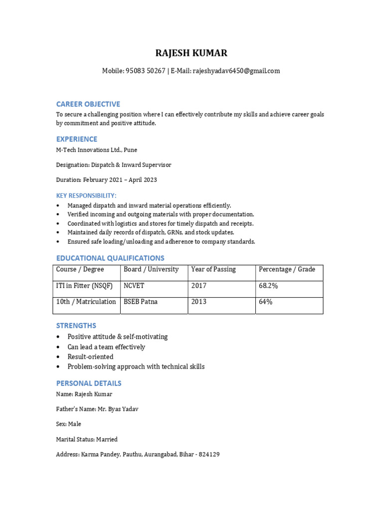 Rajesh Kumar CV | PDF