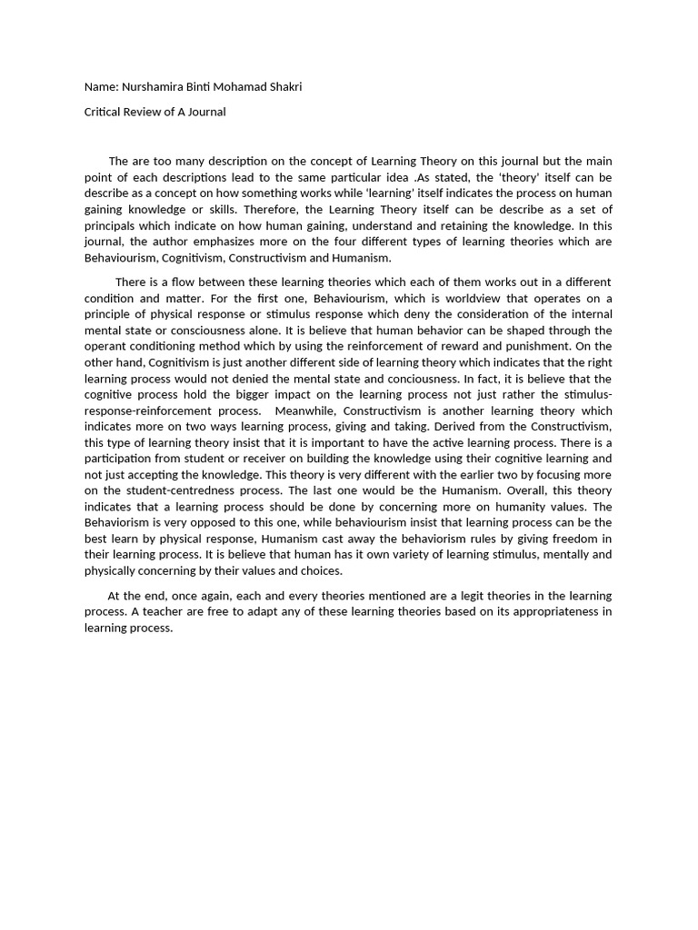 Critical Review of Learning Theories | PDF | Learning | Behaviorism