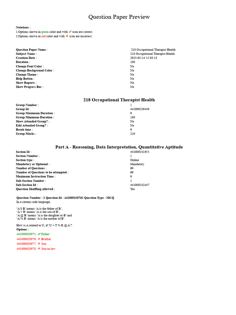 Question Paper Preview: 218 Occupational Therapist Health | PDF