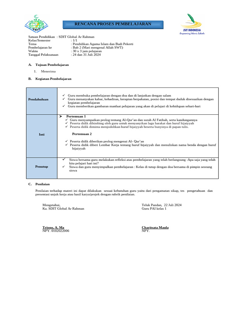 Rencana Pembelajaran PAI Kelas 1 SDIT | PDF