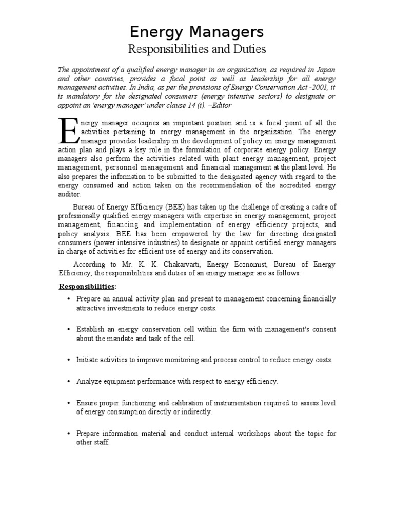 Energy Manager Roles and Responsibilities | PDF | Efficient Energy Use ...