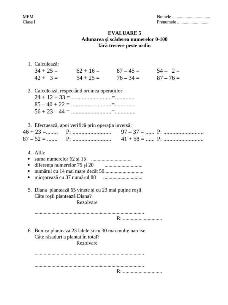 Test MEM - Adunarea Si Scaderea Numerelor 0 - 100 Unitatea 4 | PDF