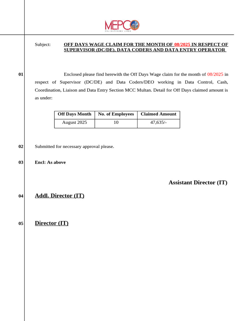 Off Day Covering Noting (Specimen) | PDF