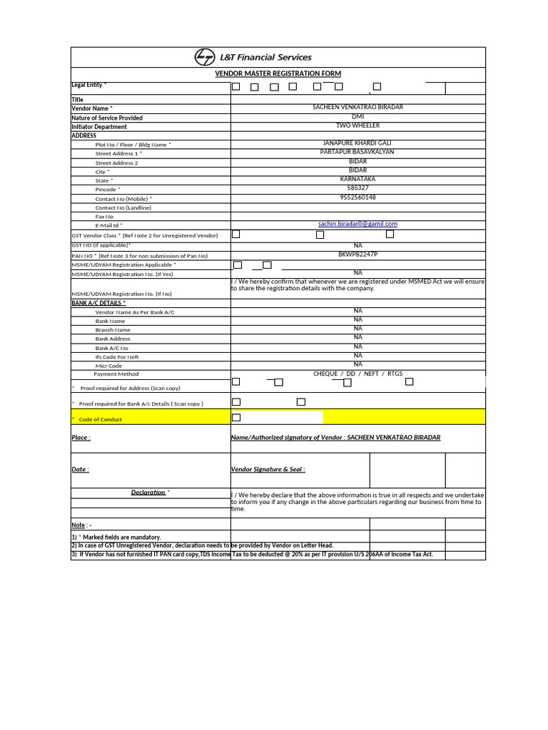 Vendor Creation Form - 29!3!2024 LTF (1) .XLSX SACHIN 1 | PDF ...