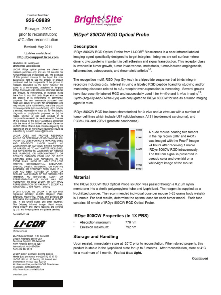 LI-COR IRDye 800CW RGD Probe Overview | PDF | Biochemistry | Chemistry