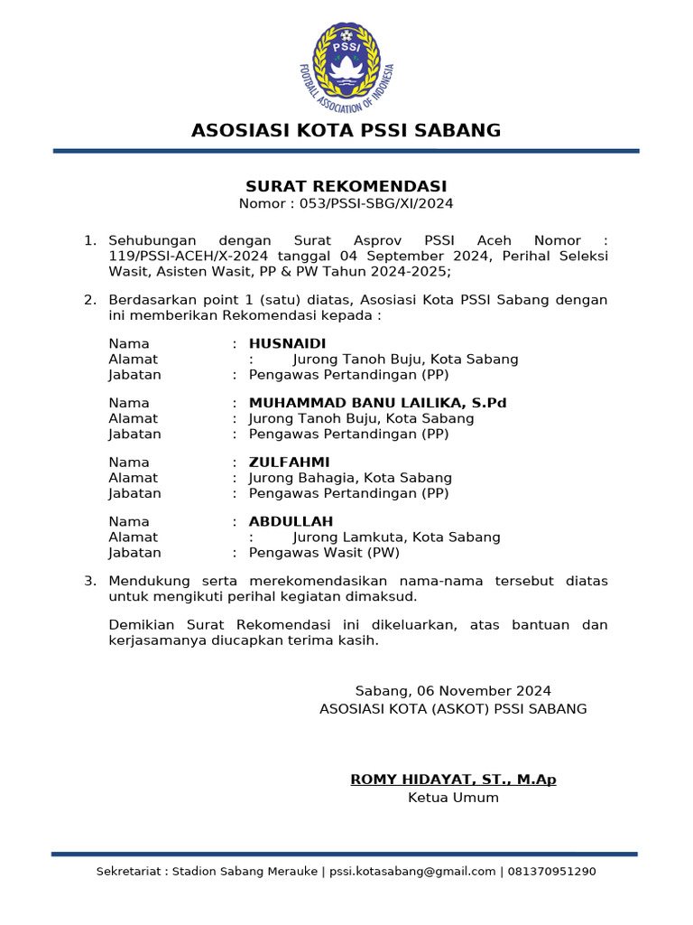 Surat Rekomendasi Pssi - Pp Pw | PDF