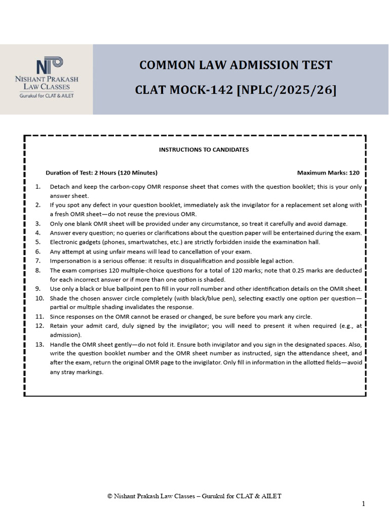 August 2026 CLAT Mock Test Paper 2 | PDF | Psychotherapy | Psychology