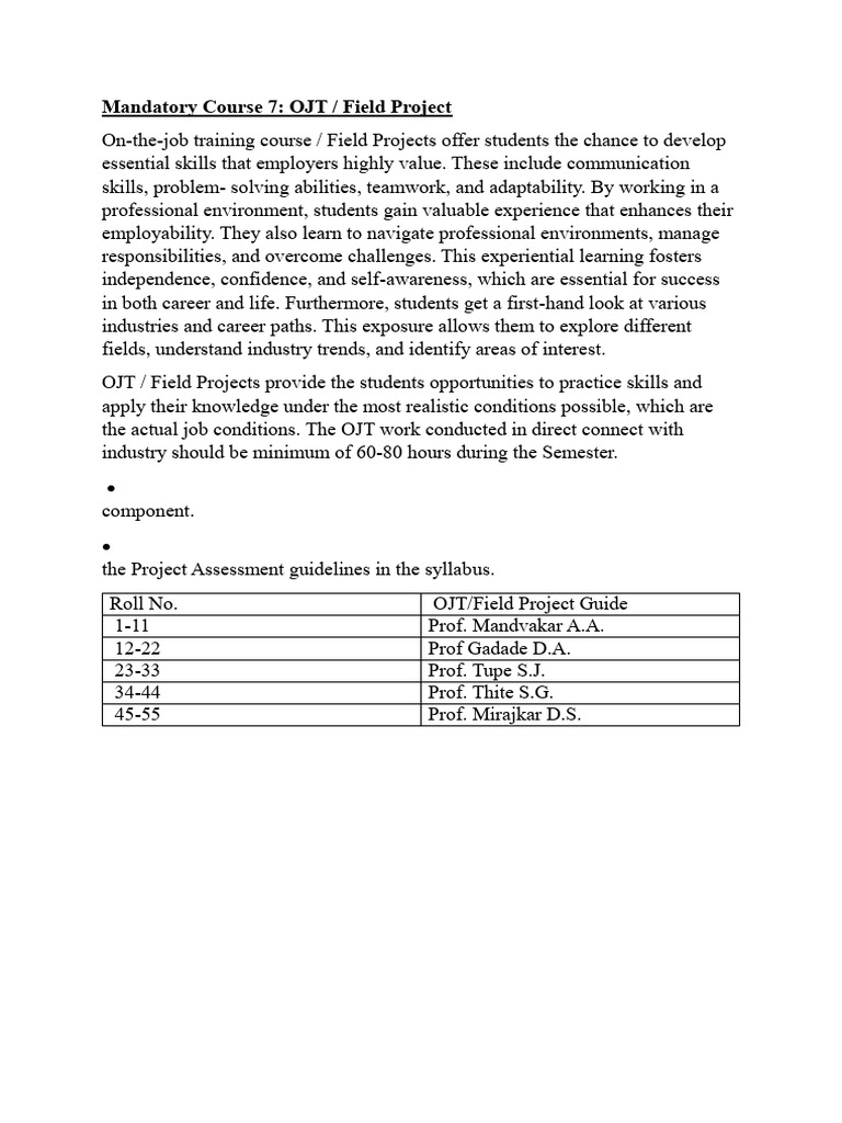 OJT and Field Project Guidelines | PDF