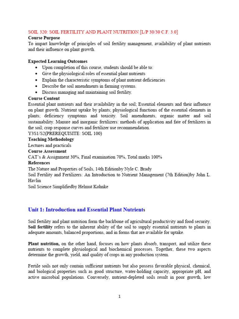 SOIL 320-Soil Fertility and Plant Nutrition | PDF | Plant Nutrition | Soil