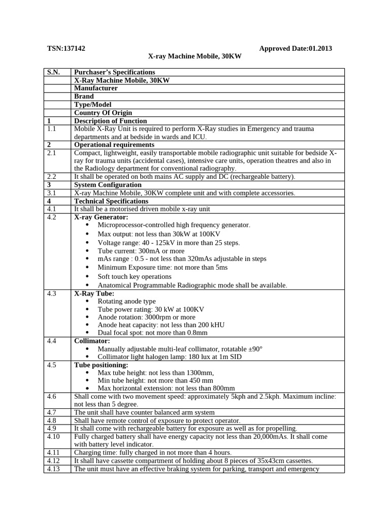 Mobile 30KW X-Ray Machine Specifications | PDF | X Ray | Radiography