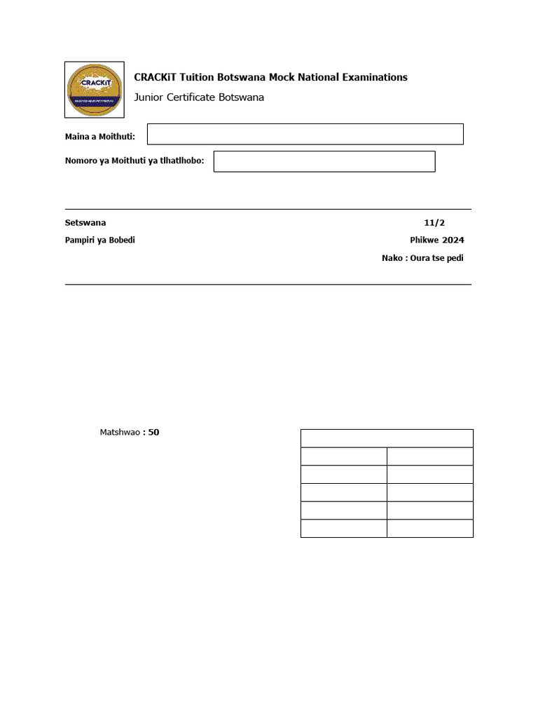 Setswana Grade 11 Mock Exam Paper 2 | PDF | Languages Of Africa