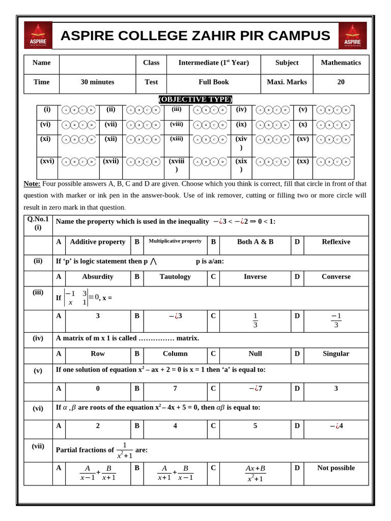 Intermediate Mathematics Test Paper | PDF