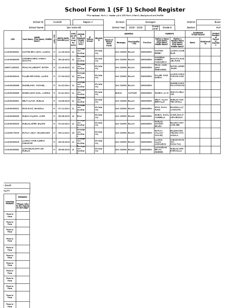 School Register SF 1 for San Isidro ES | PDF