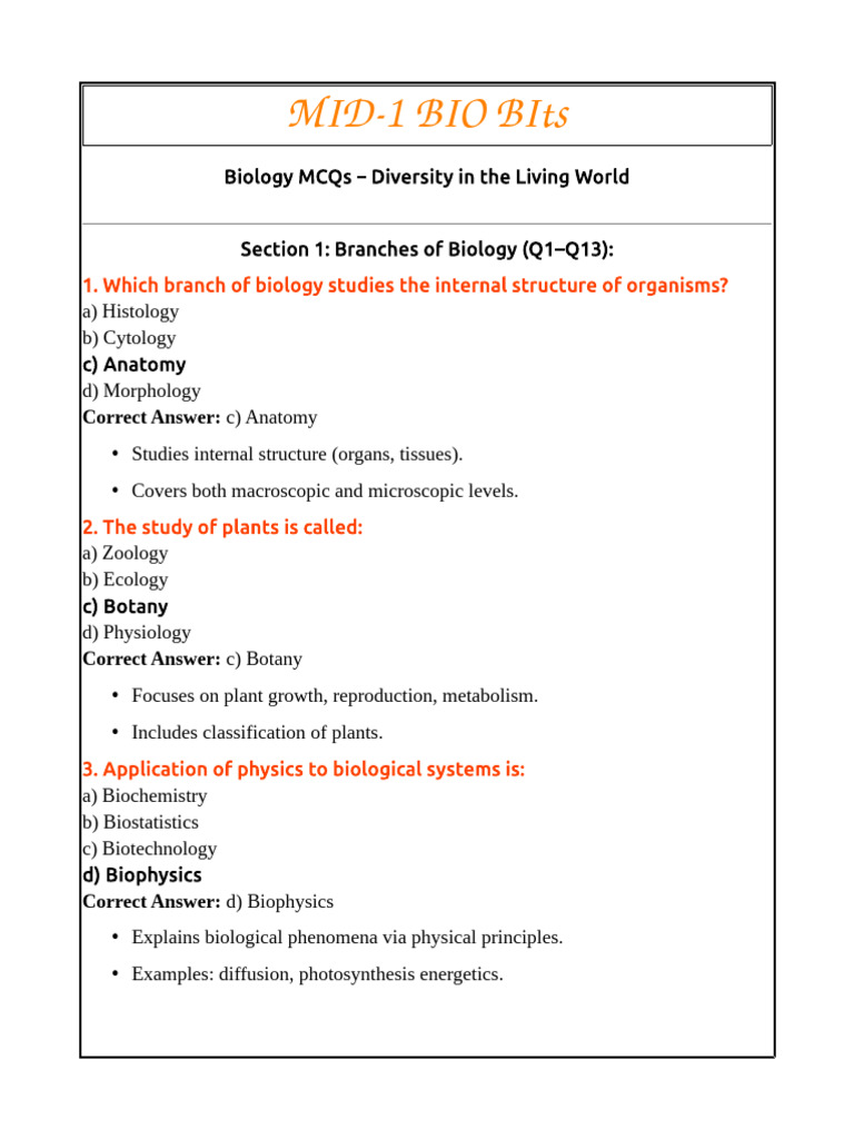 Mid 1 Bio Bits | PDF | Biology | Life Sciences
