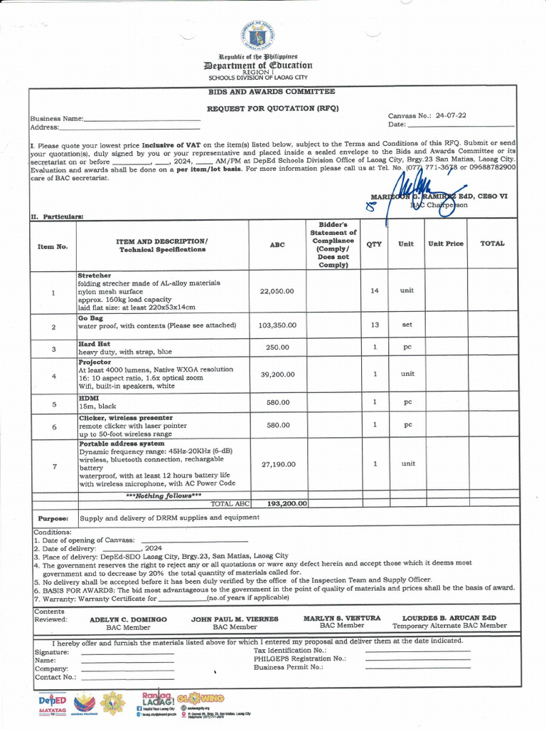 RFQ DRRM Supplies | PDF